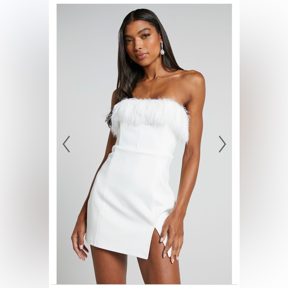 RHAIZA MINI DRESS - FAUX FEATHER TRIM STRAPLESS DRESS